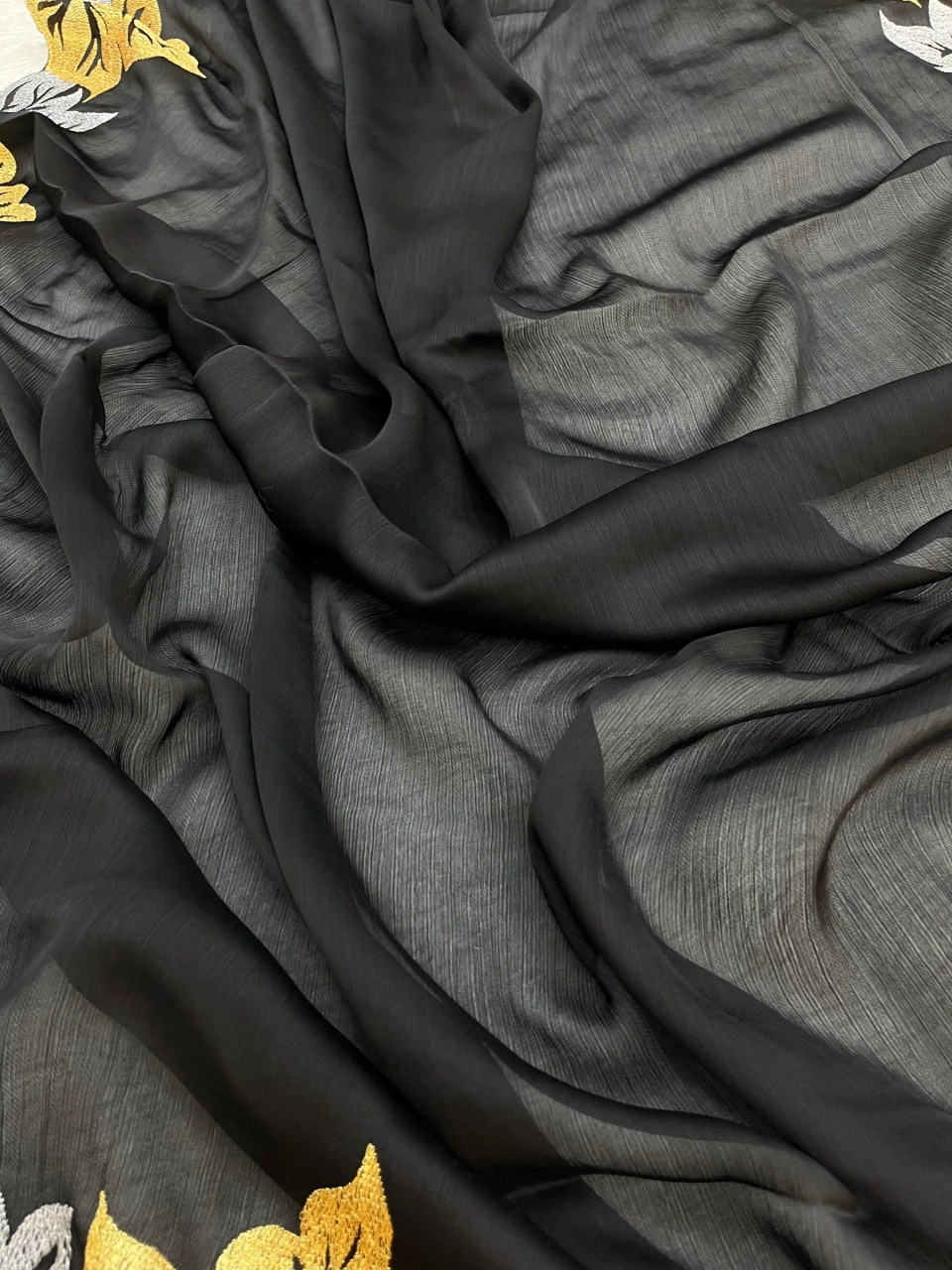 Black Embroidered Satin Chiffon Saree