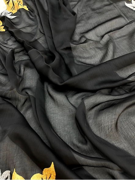 Luxurious Black Embroidered Satin Chiffon Silk Saree with Stunning Embroidery-Black-5