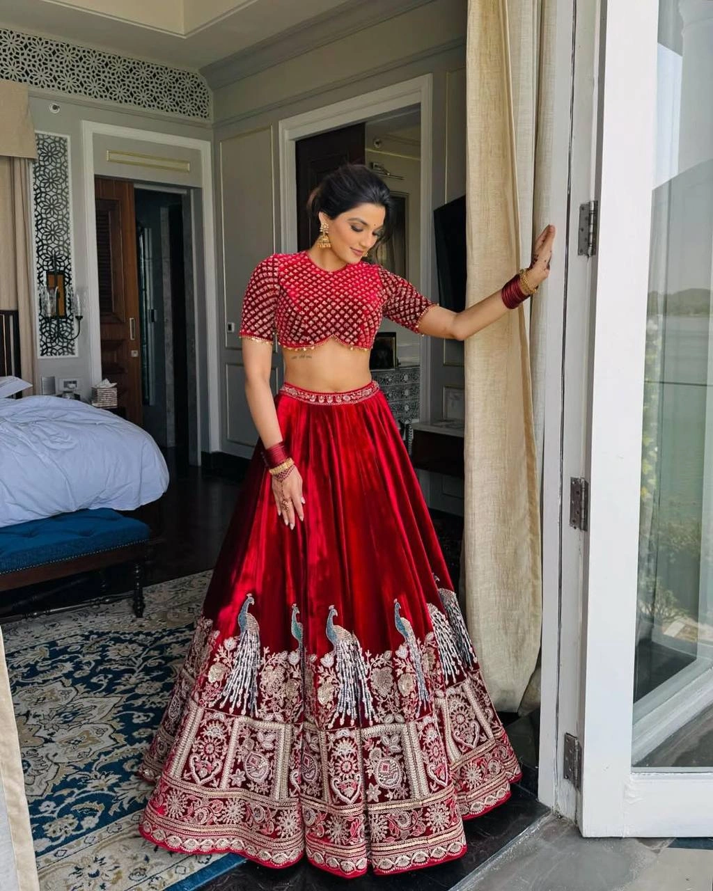 Maroon Velvet Sequins A Line Lehenga Choli