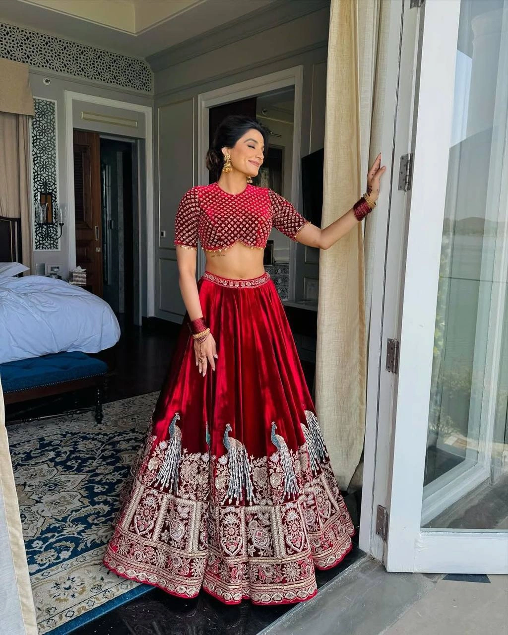 Maroon Velvet Sequins A Line Lehenga Choli