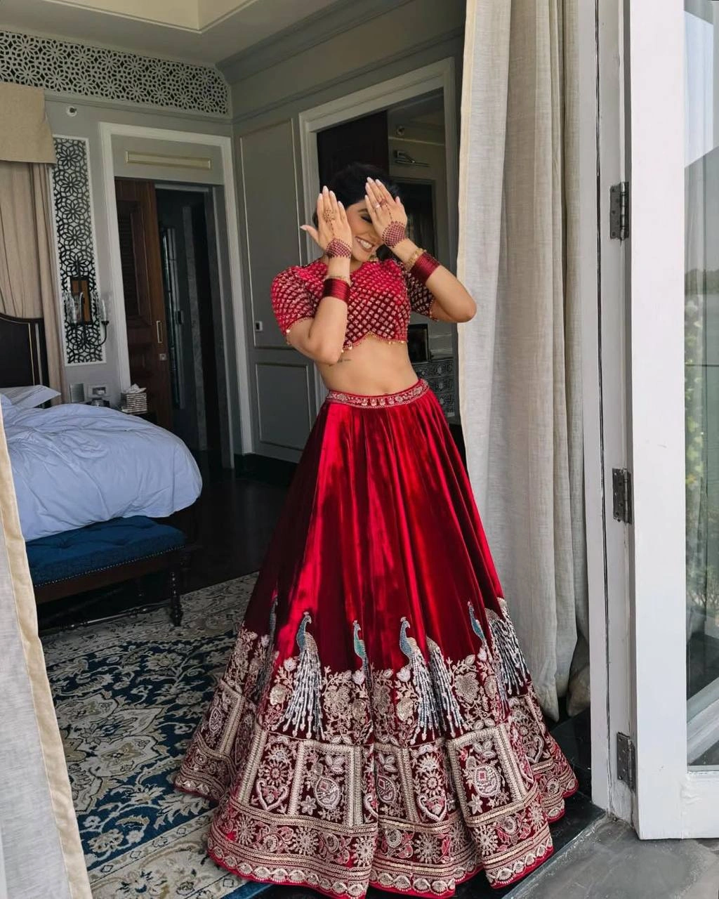 Maroon Velvet Sequins A Line Lehenga Choli