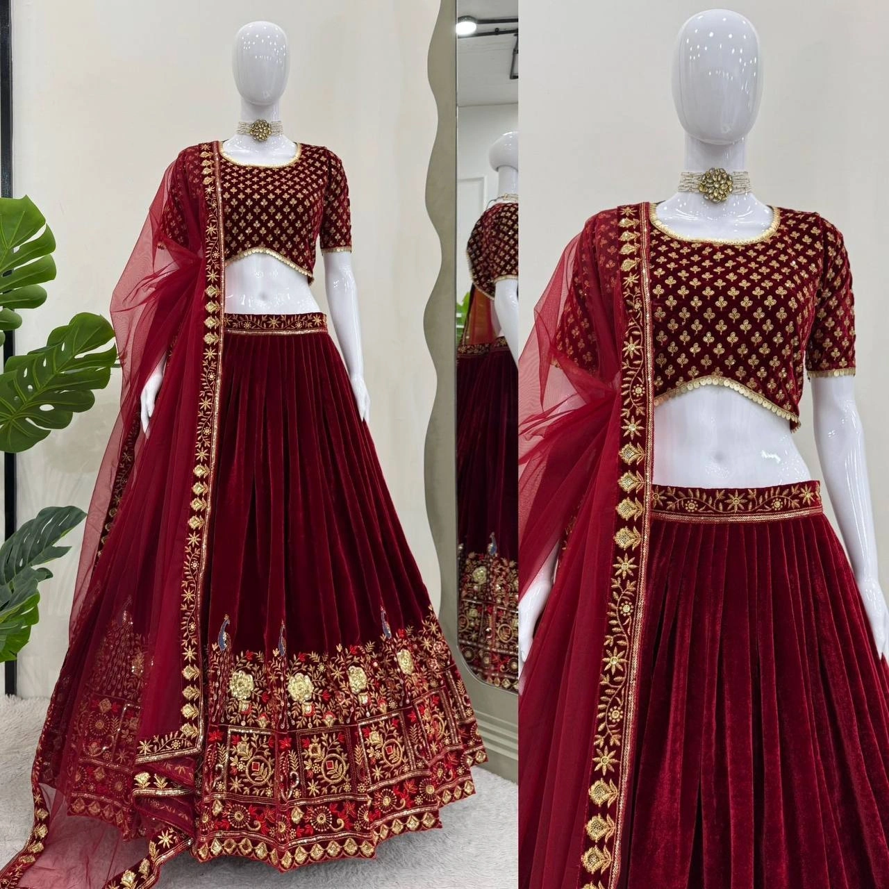 Maroon Velvet Sequins A Line Lehenga Choli