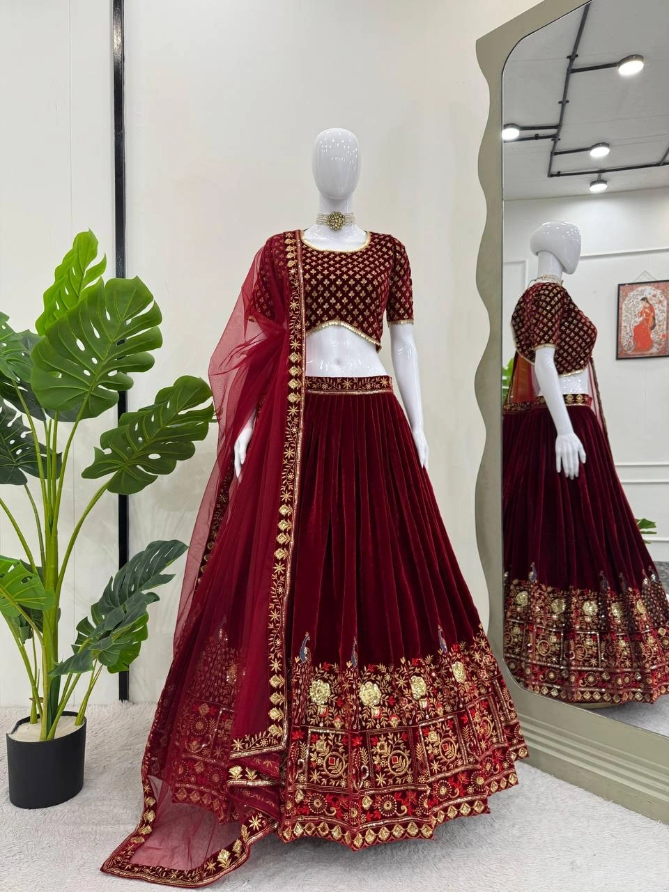 Maroon Velvet Sequins A Line Lehenga Choli