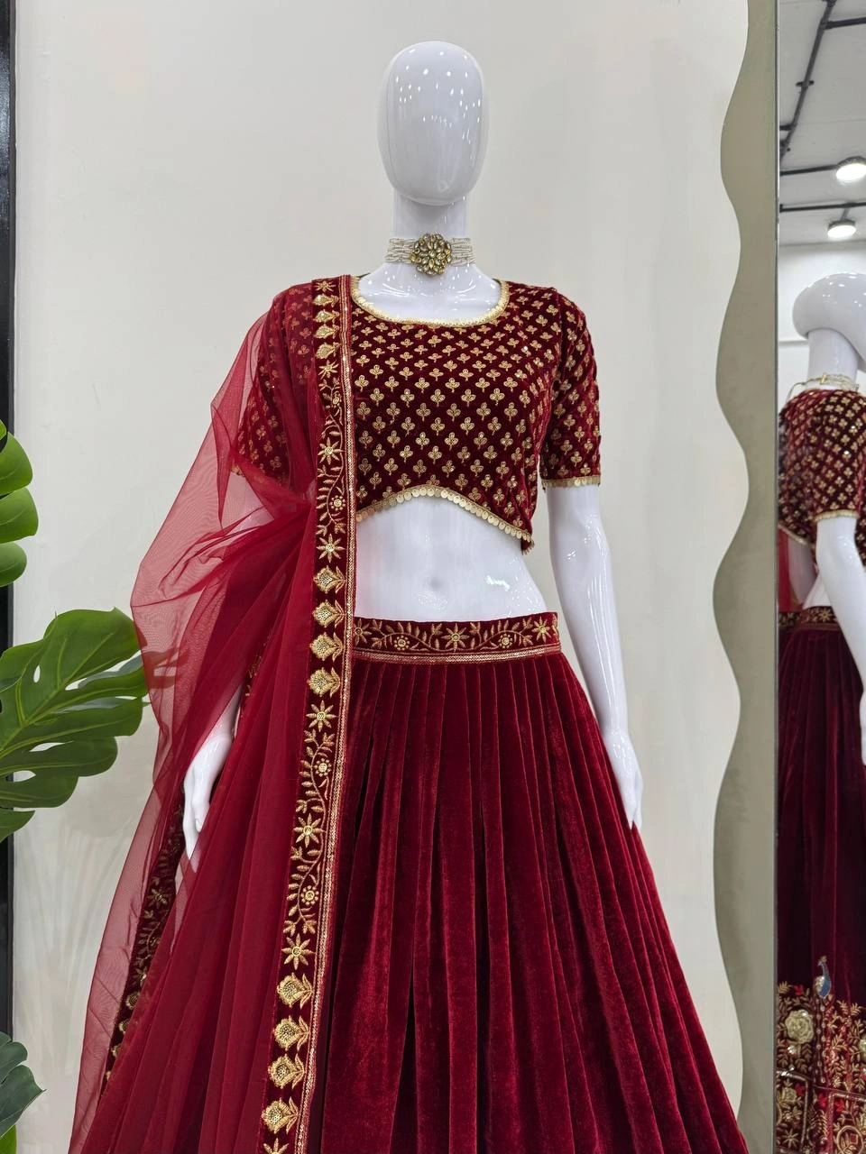 Maroon Velvet Sequins A Line Lehenga Choli