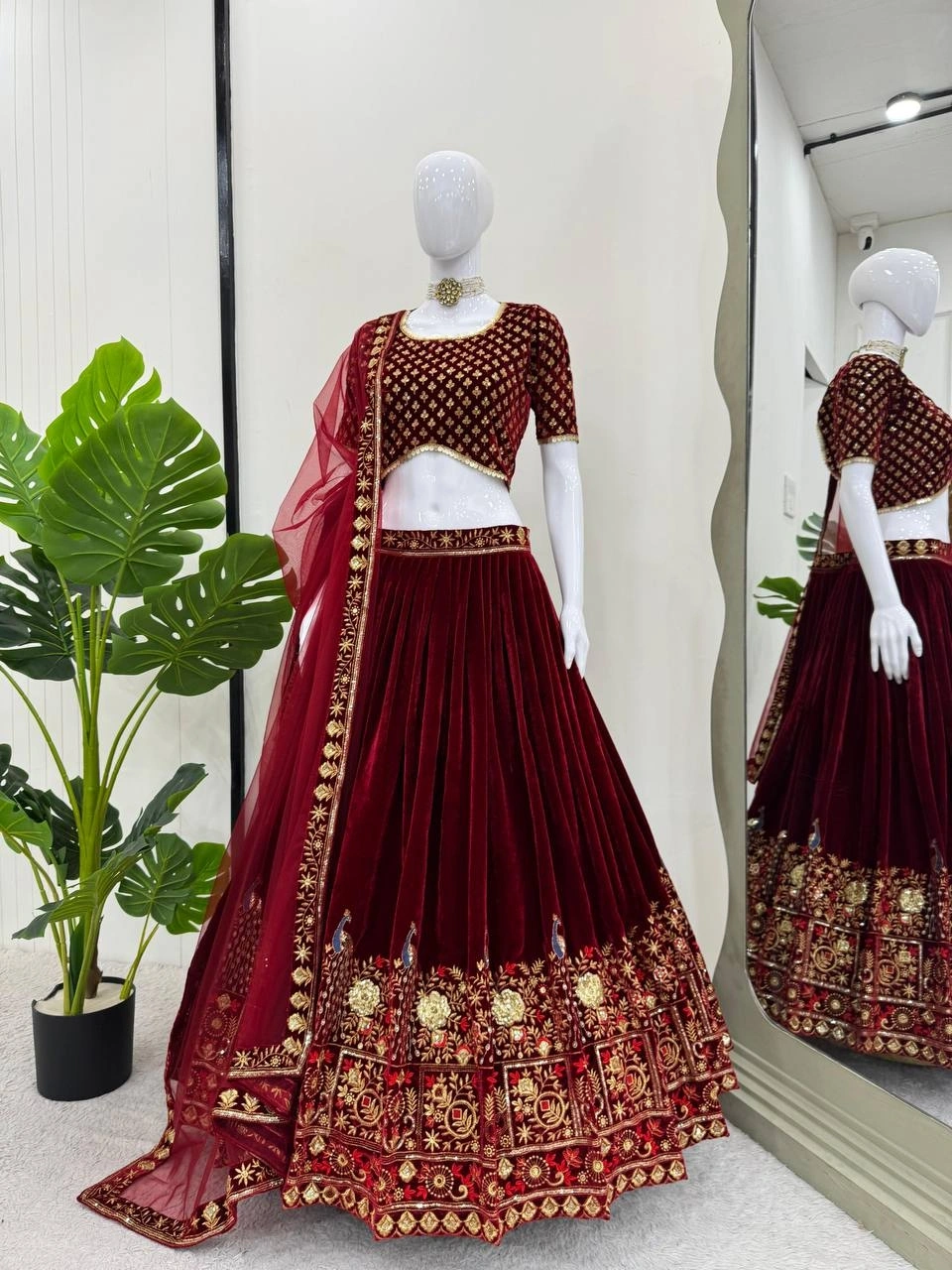 Maroon Velvet Sequins A Line Lehenga Choli