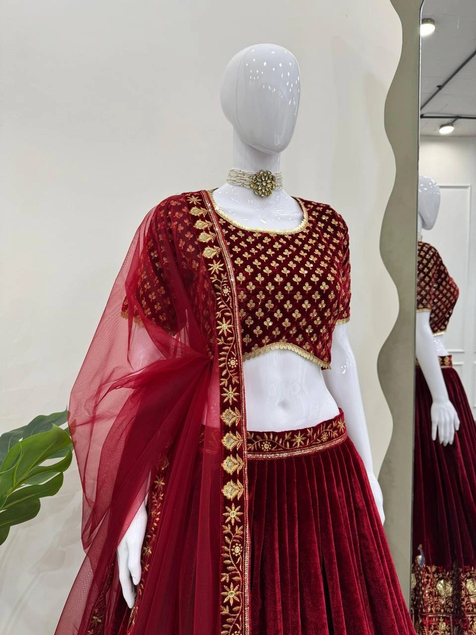 Maroon Velvet Sequins A Line Lehenga Choli