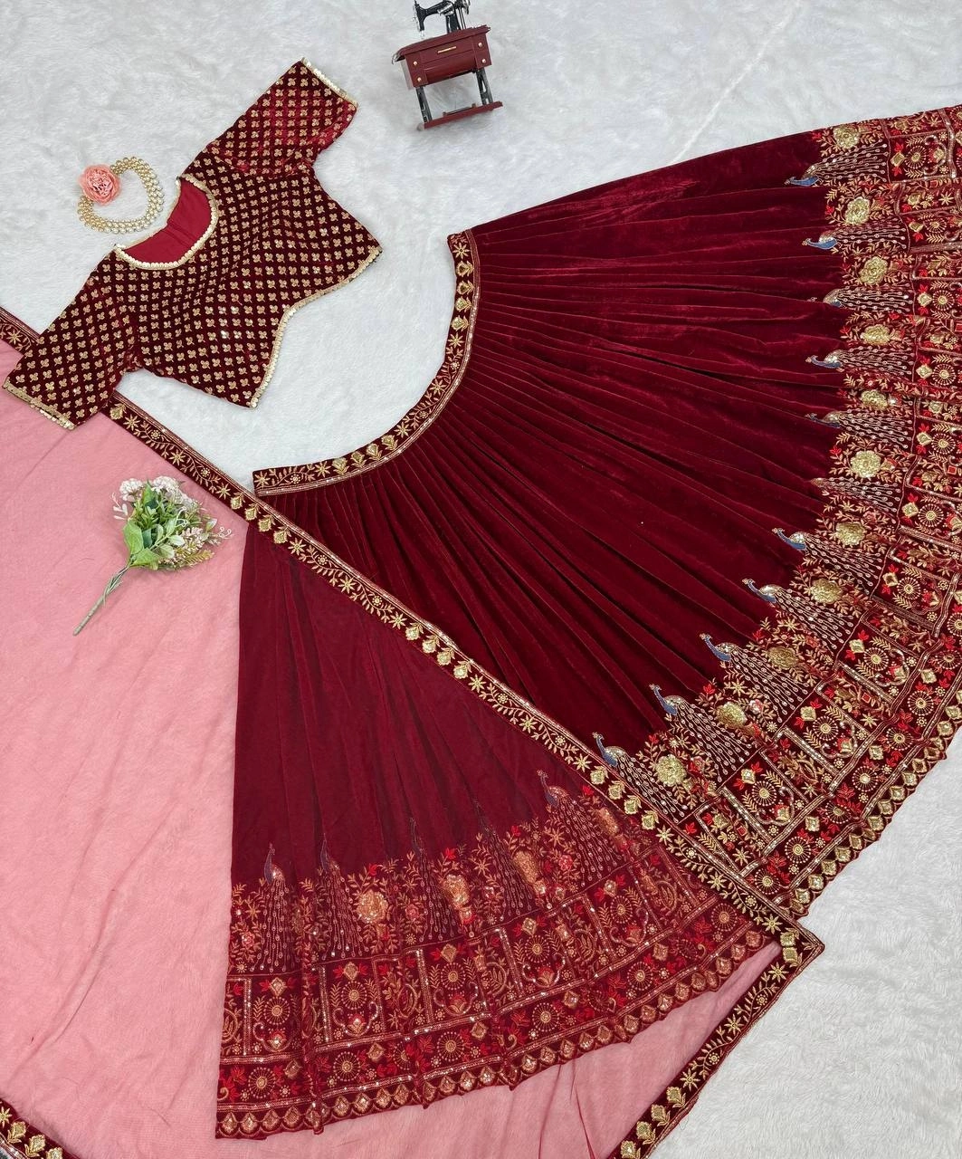 Maroon Velvet Sequins A Line Lehenga Choli