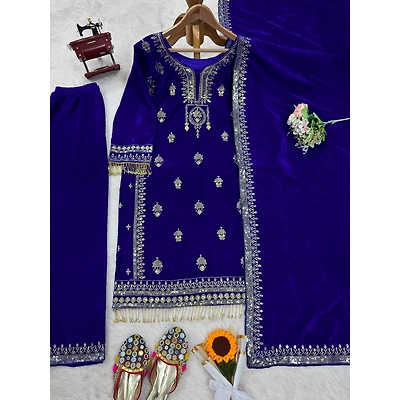 Riya Majestic Blue Color Velvet Georgette Embroidery Sequence Salwar Suit