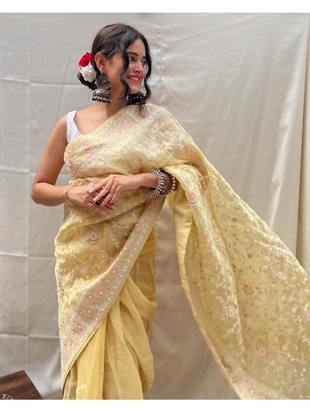 Yellow Multi Embroidery Work Organza Saree-Yellow