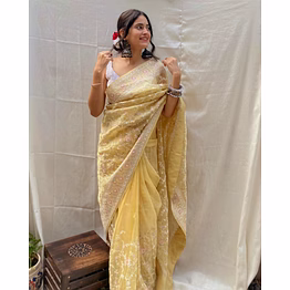 binal tex yellow multi embroidery work organza saree