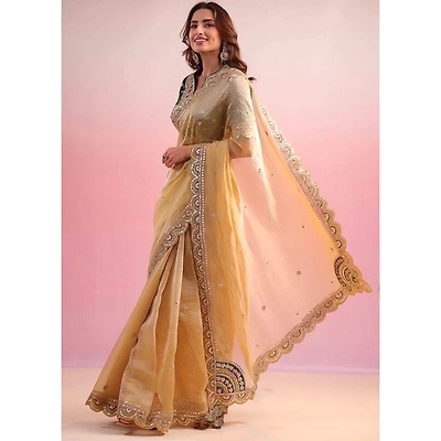 KINJAL Designer Beige Net Saree with Coding & Sequence for Stylish Elegance