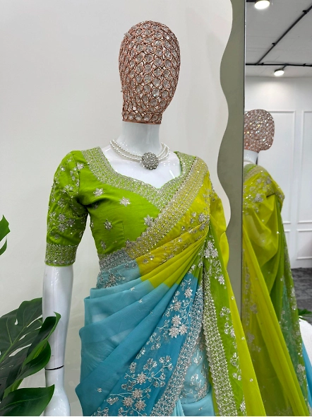 Exquisite Multicolor Embroidered Tabby Silk Saree-Cyan-3