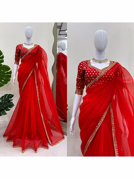 Red Organza Saree-Red-2