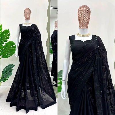 KINJAL Stunning Black Georgette Designer Saree with Silk Blouse