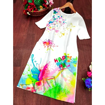 Shiv Tex Holi Special Crepe Digital Print White Kurti for Festive Celebrations