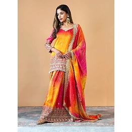 Riya Yellow Chinon Silk Sharara Suit with Mirror Work