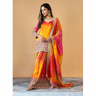 riya tex yellow chinon silk sharara suit with mirror work