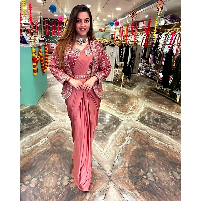 SHIV Luxurious Heavy Satin Saree with Embroidered Jacket & Belt