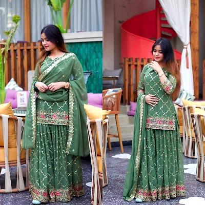 Nency Green Color Sequence Work Party Wear Sharara Suit With Dupatta