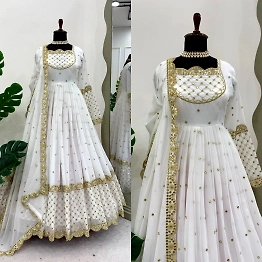 KINJAL White Georgette Gown with Thread and Sequence Work