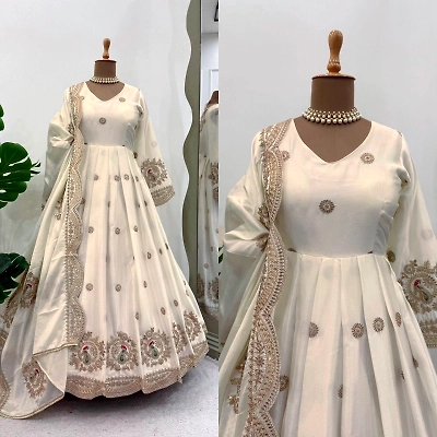 KINJAL Grey Chinon Silk Gown with Sequence Work