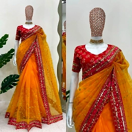 KINJAL Yellow Jimmy Choo Silk Saree