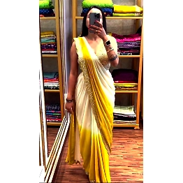 Binal Elegant White And Mustard Chinon Saree with Sequins and Mirrors