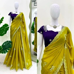 KINJAL Olive Green Chiffon Saree With Thread Work