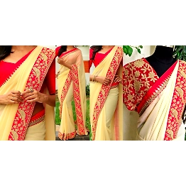 SHIV Cream Embroidered Georgette Saree