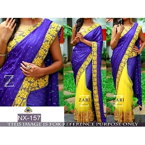 Blue Embroidered Net Saree with Blouse