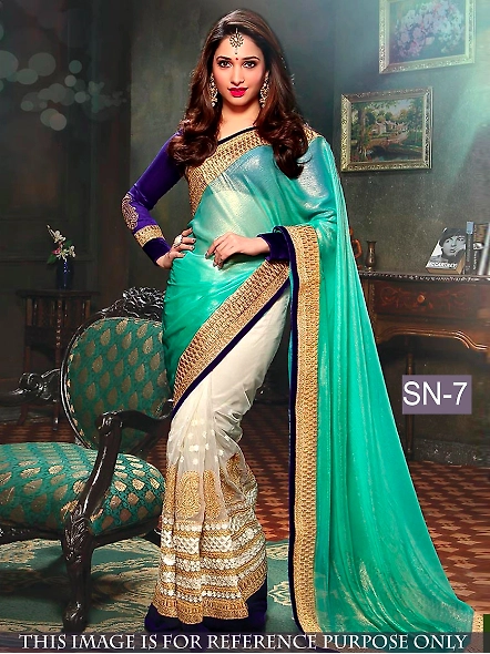 Elegant blue and green embroidered georgette sari with matching blouse, showcasing intricate designs