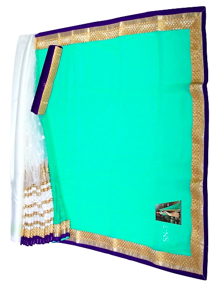 Stunning blue georgette sari with green accents and embroidery, paired with a coordinating blouse fo