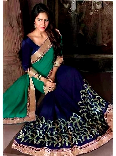 Elegant blue and green embroidered georgette sari with matching blouse, showcasing intricate designs