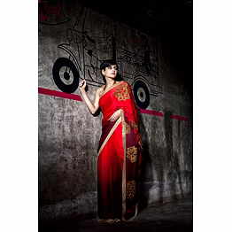 shiv mandira bedi red georgette and silk saree