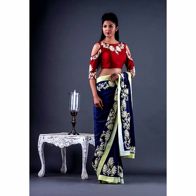 shiv blue and red georgette saree with banglori silk blouse