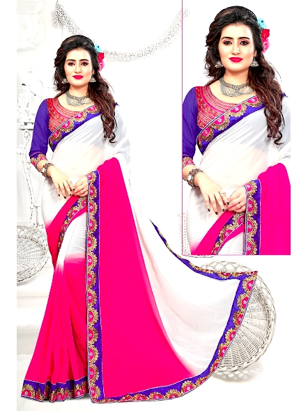 Off-white and pink georgette saree paired with a Banglori silk blouse, showcasing elegant draping an