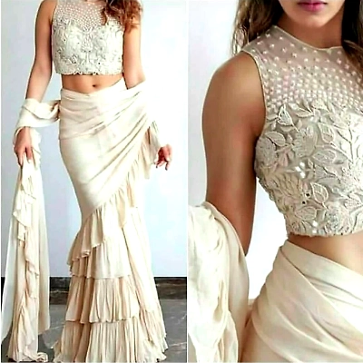 SHIV White Ruffle Georgette Saree