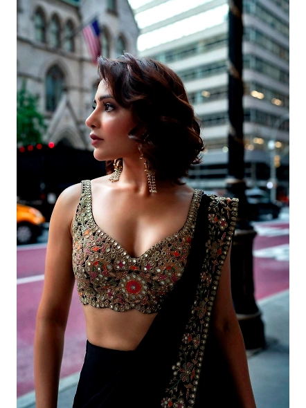 Black Color Ruffle Saree with Thread &amp; Sequence Work-Black-2