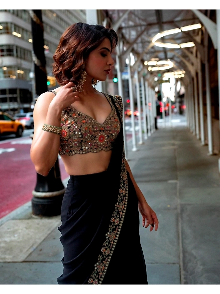 Black Color Ruffle Saree with Thread &amp; Sequence Work-Black-3