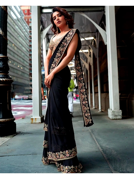 Black Color Ruffle Saree with Thread &amp; Sequence Work-Black-5