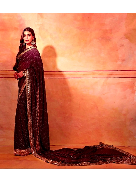 A woman elegantly draped in a maroon Kriti Sanon Brown Georgette saree, showcasing traditional India