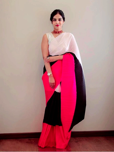 Crush Georgette Saree with Digital Print-White-1