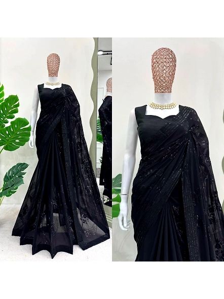 Georgette Designer Saree with Silk Blouse-KD562_Black