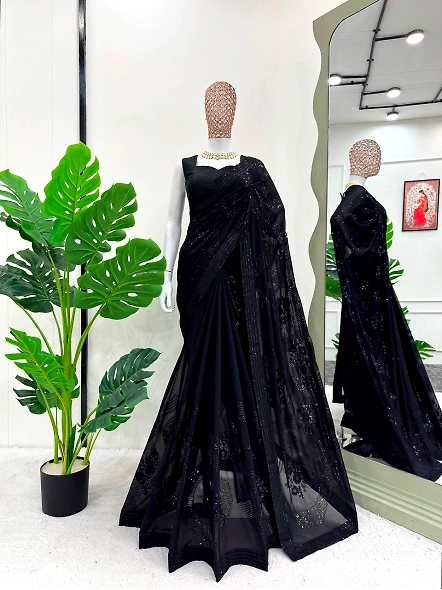Georgette Designer Saree with Silk Blouse-Black-1