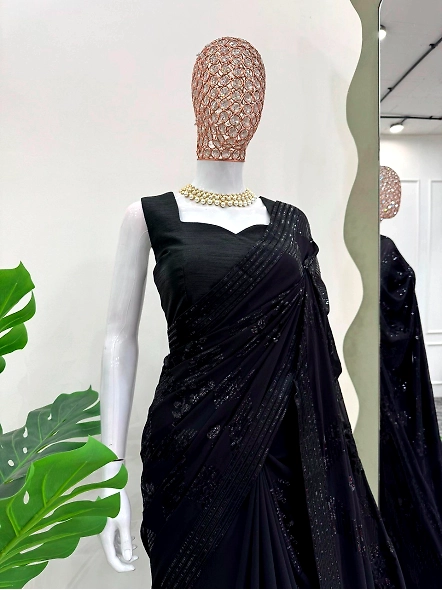 Georgette Designer Saree with Silk Blouse-Black-3