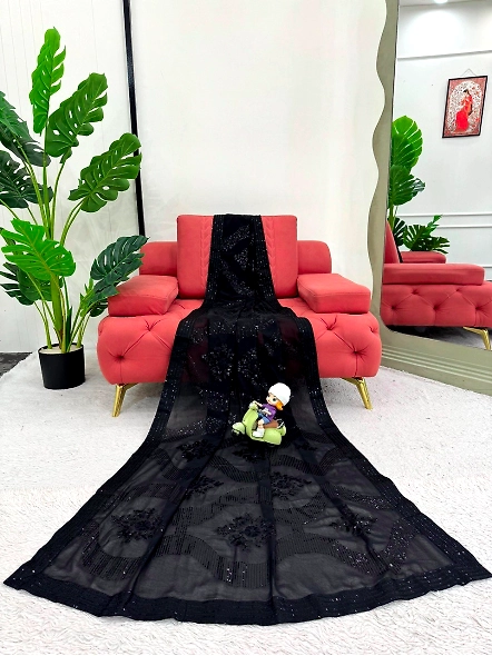 Georgette Designer Saree with Silk Blouse-Black-4