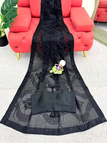 Georgette Designer Saree with Silk Blouse-Black-5