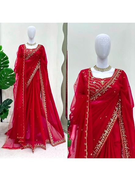 Georgette Designer Saree with Silk Blouse-KD562_Red