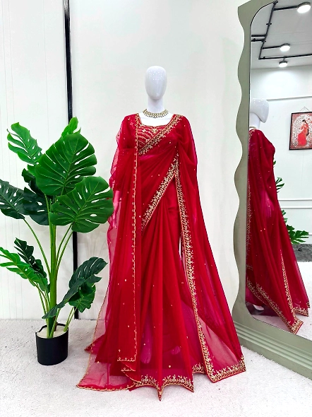 Georgette Designer Saree with Silk Blouse-Red-1