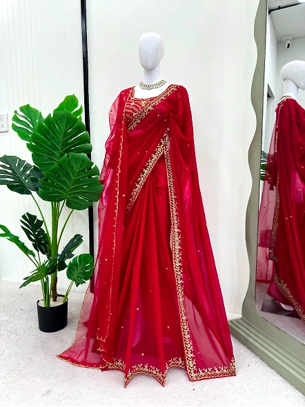 Georgette Designer Saree with Silk Blouse-Red-2